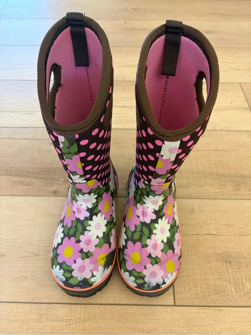 Bogs Kids Floral Polka Dot Pink & Brown Boots